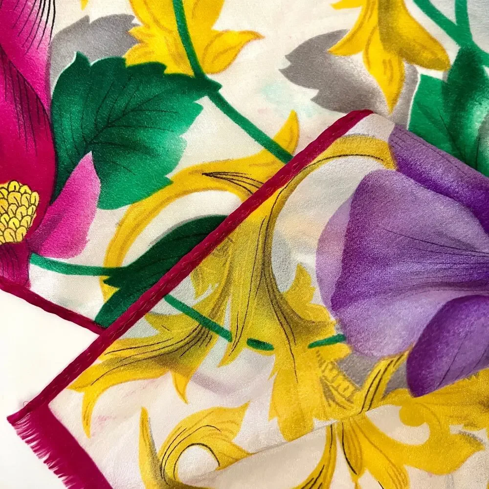 Oscar de la Renta Vintage Baroque Floral Metallic Gold Crepe de Chine Silk Scarf